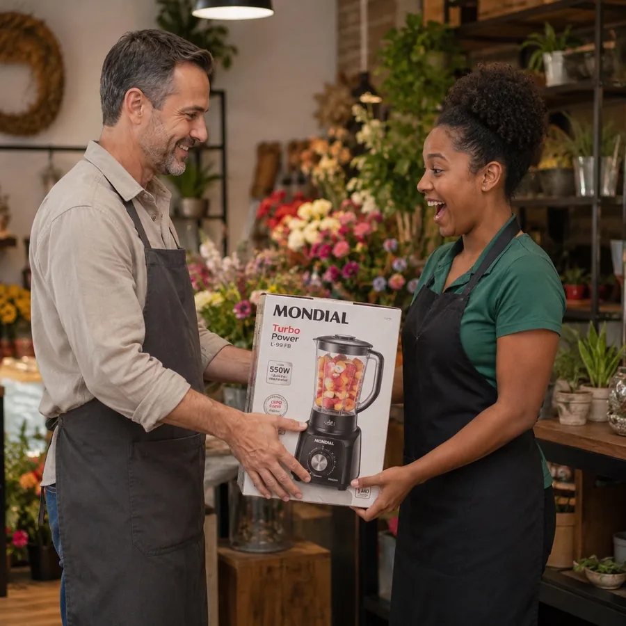 Cliente recebendo pr&ecirc;mio em campanha promocional