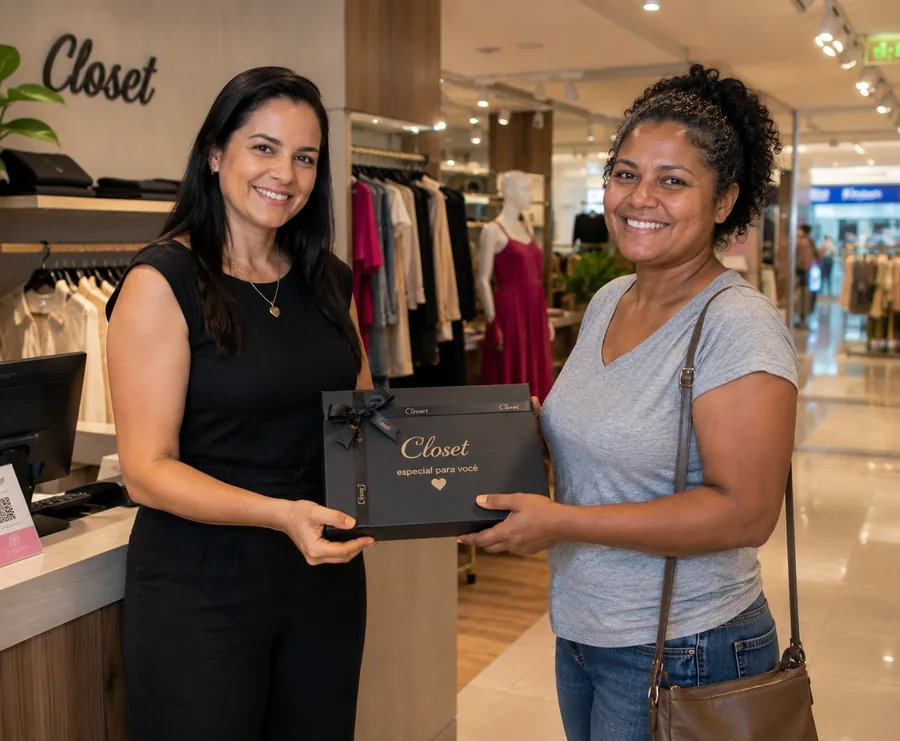 Cliente recebendo pr&ecirc;mio em campanha promocional
